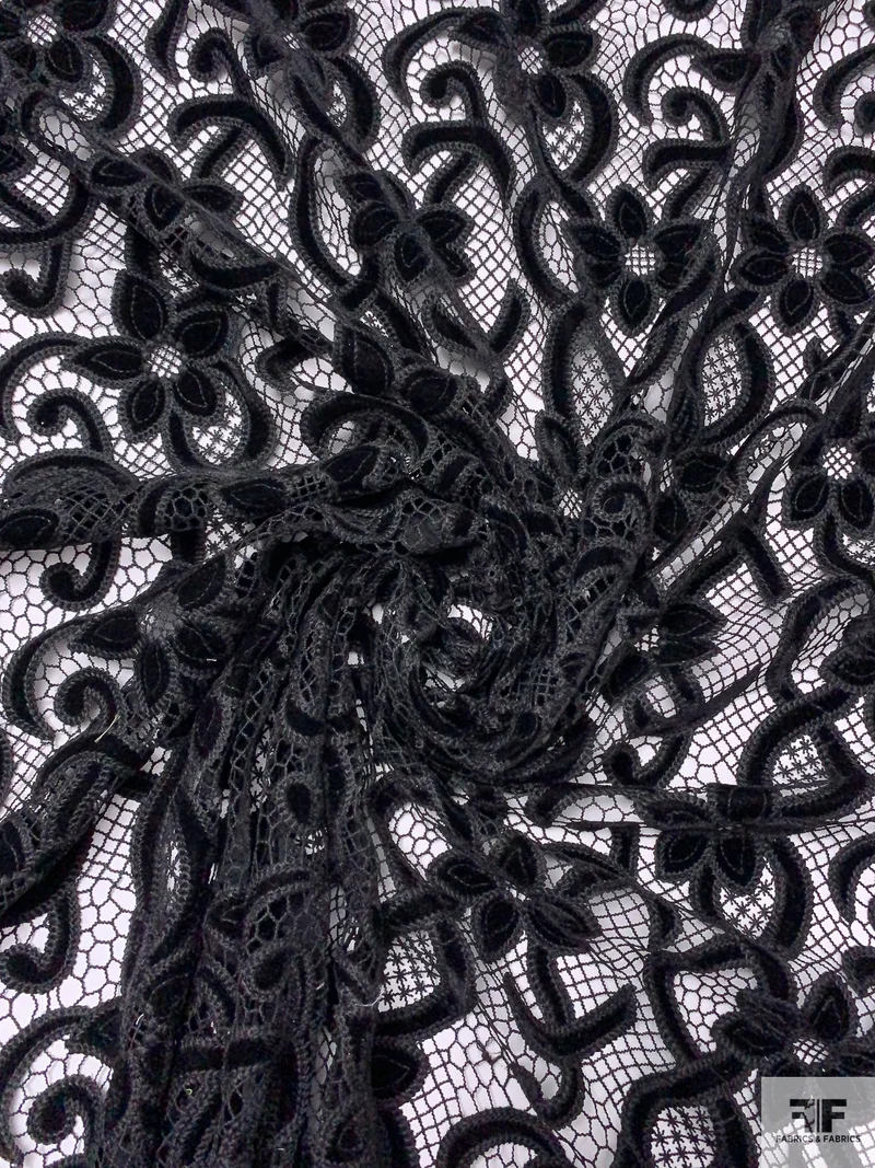 Floral Vine Embroidered Stretch Velvet Crochet - Black