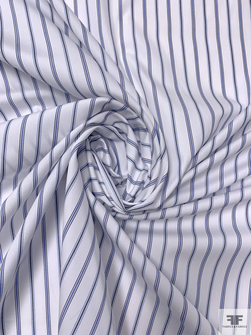 Italian Striped Yarn-Dyed Fine Poplin Cotton Shirting - Blue / White / Black