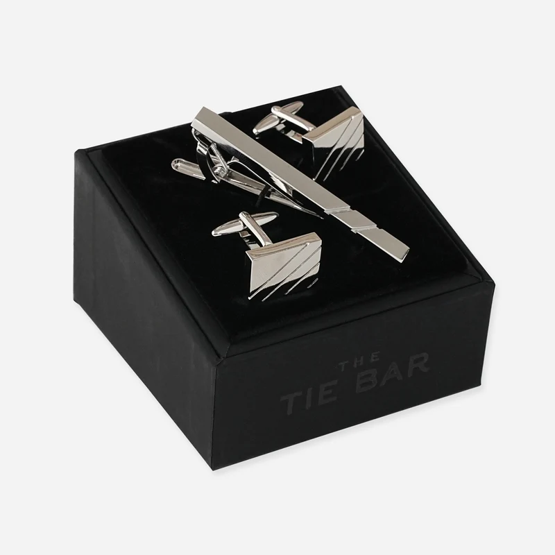 Diagonal Lines Silver Cufflink and Tie Bar Set