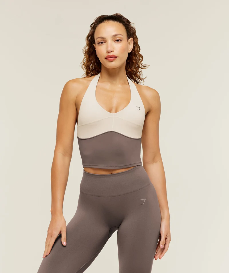 Gymshark Colour Block Halter Neck Tank With Shelf - Cool Brown/Pebble Grey
