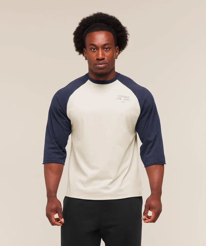 Gymshark Retro Collegiate 3/4 Sleeve T-Shirt - Tinted White/Heavy Blue