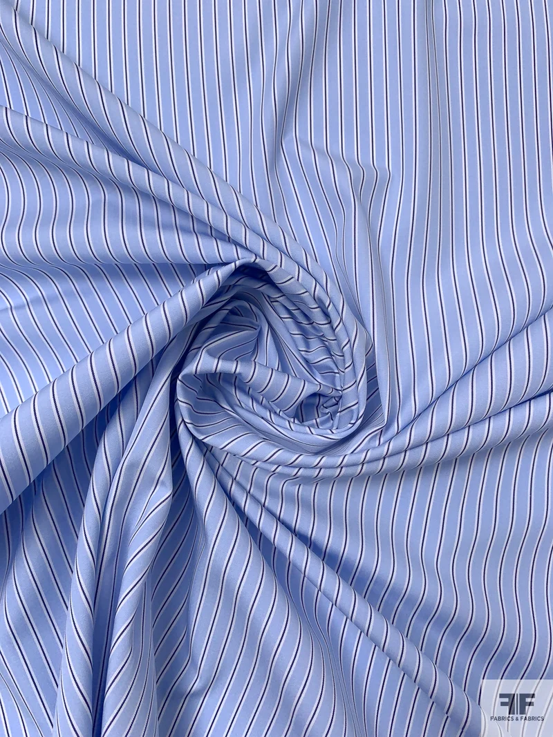 Italian Striped Yarn-Dyed Fine Poplin Cotton Shirting - Blue / Navy / White
