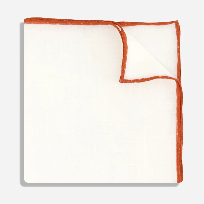 White Linen With Rolled Border Terracotta Pocket Square