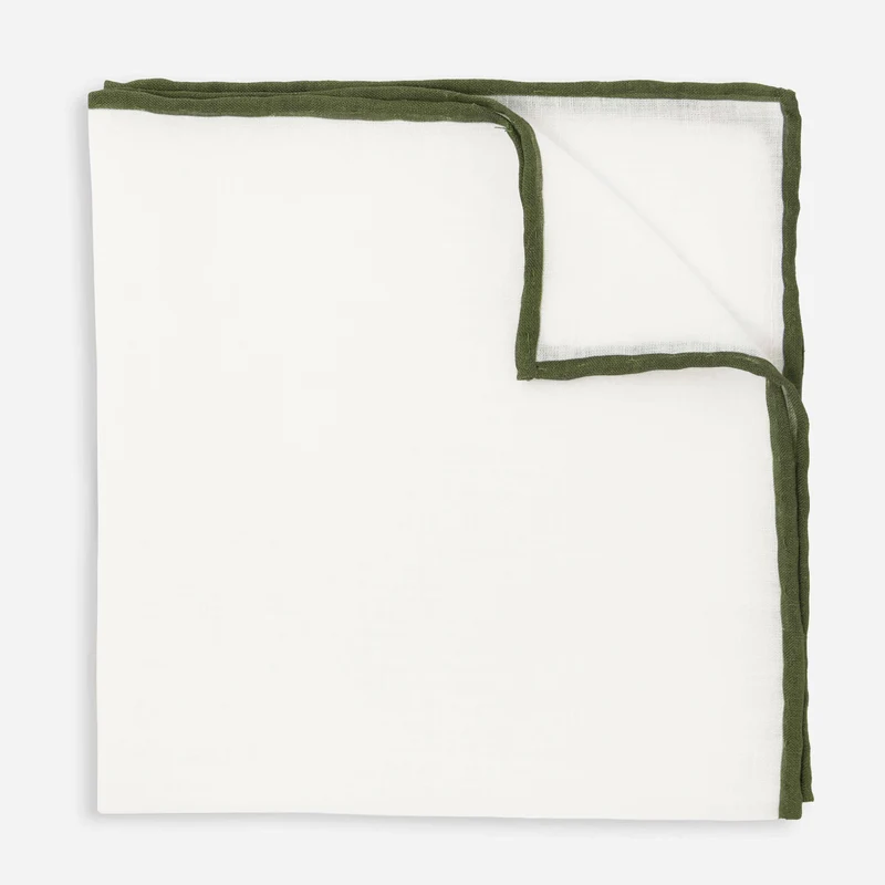 White Linen With Rolled Border Olive Pocket Square