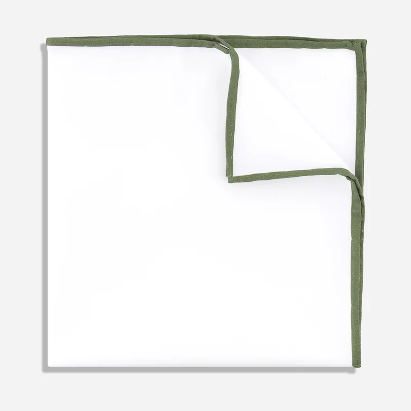 White Cotton With Border Olive Pocket Square