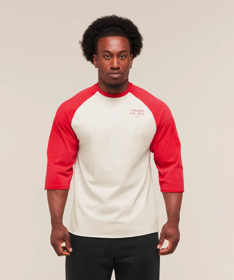 Gymshark Retro Collegiate 3/4 Sleeve T-Shirt - Tinted White/Athletic Red