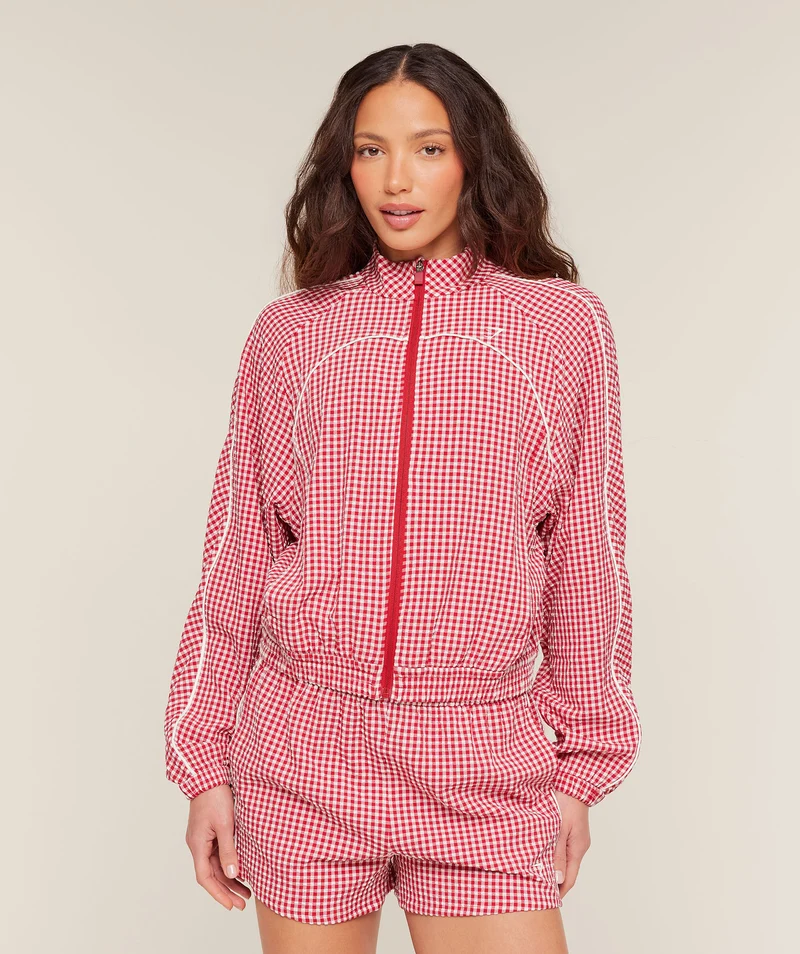 Gymshark Gingham Track Jacket - Carmine Red/Soft White