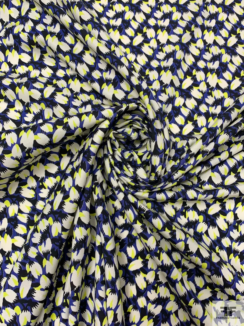 Italian Graphic Tulips Printed Cotton-Viscose Faille - Deep Periwinkle / Chartreuse / Black / Off-White