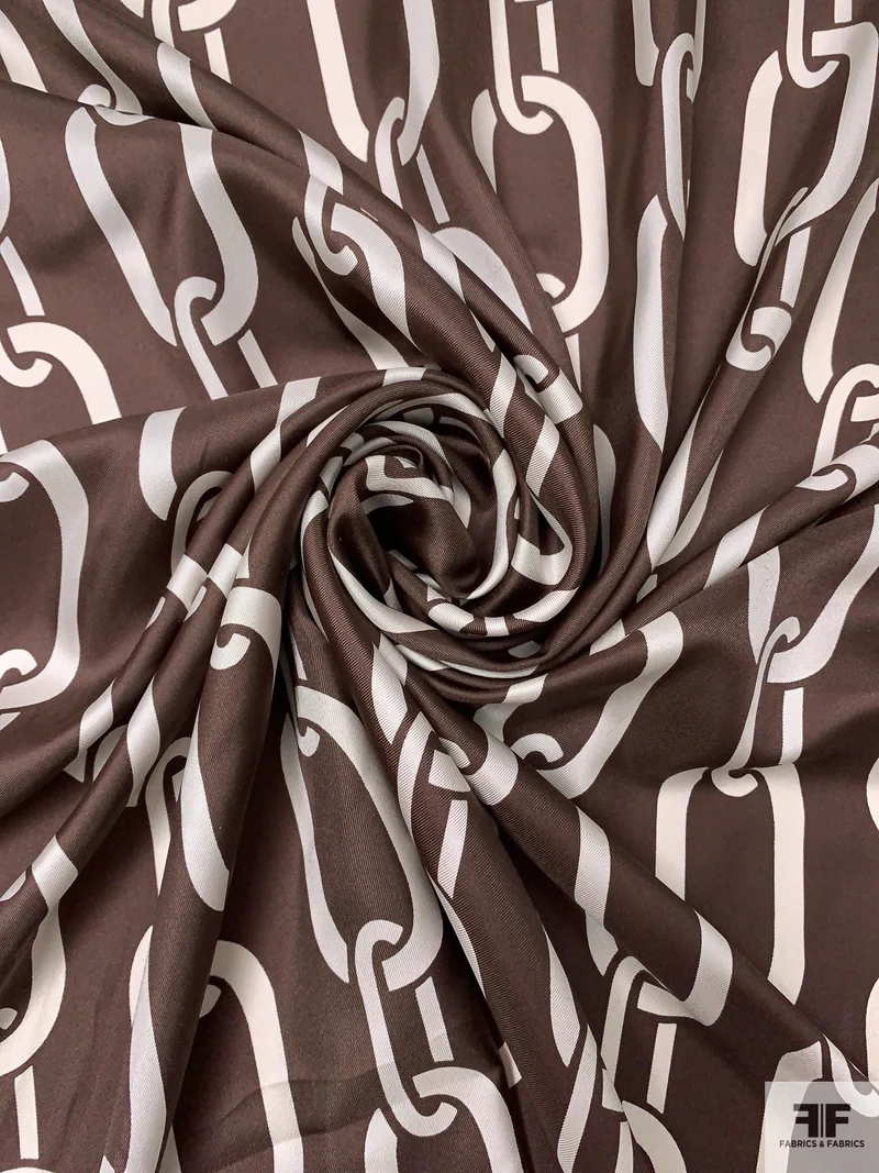 Large Chain Links Printed Silk Twill - Brown / Parchment White