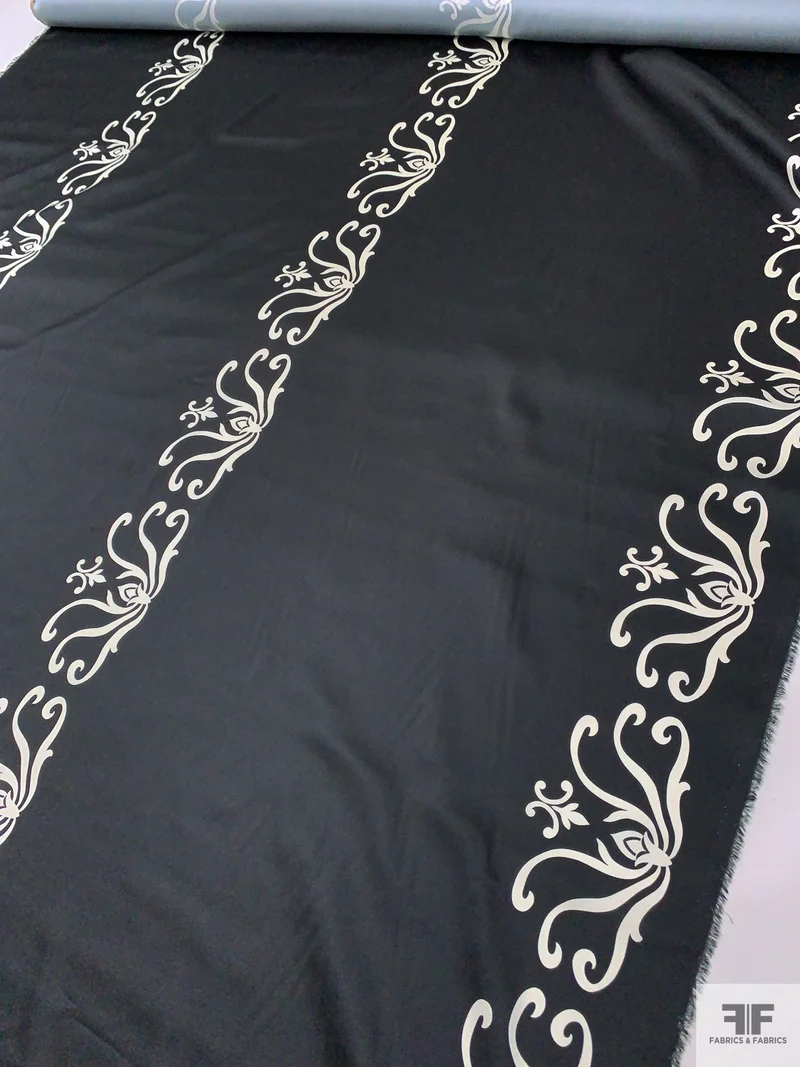 Florist Motif Printed Polyester Twill-Charmeuse - Black / Off-White
