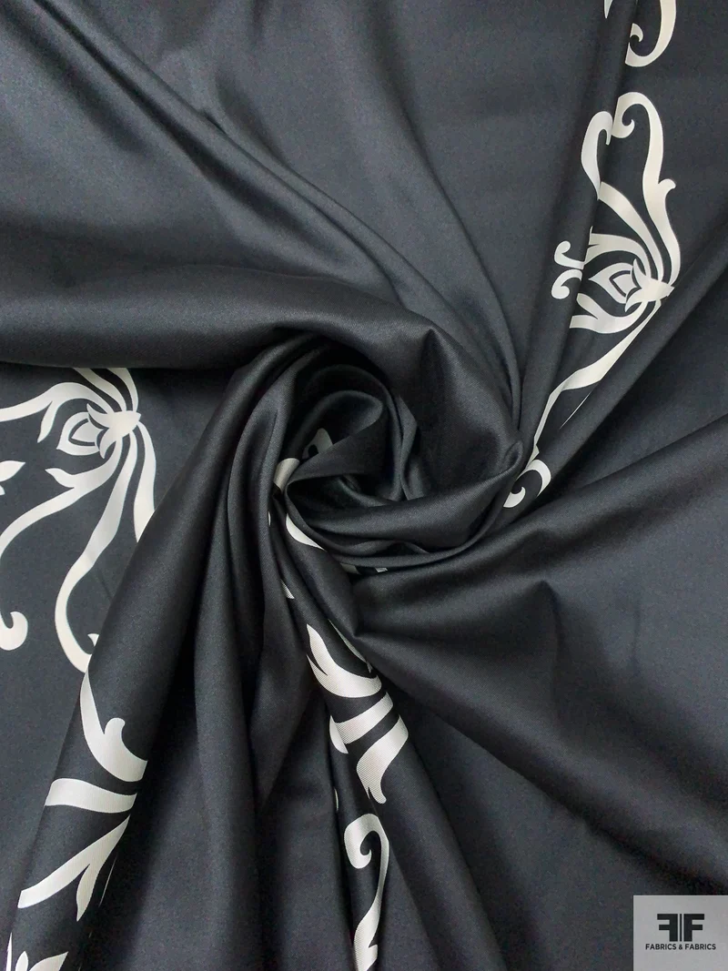 Florist Motif Printed Polyester Twill-Charmeuse - Black / Off-White