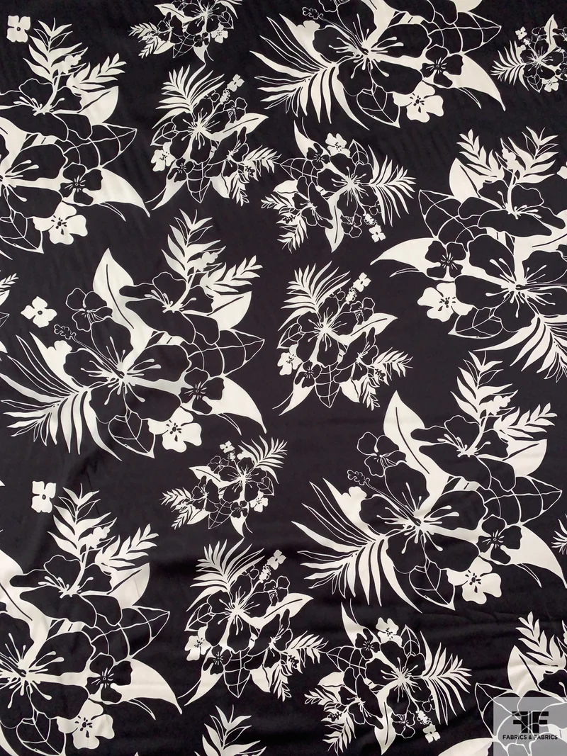 Italian Floral Bouquets Printed Polyester Twill-Charmeuse - Black / Off-White