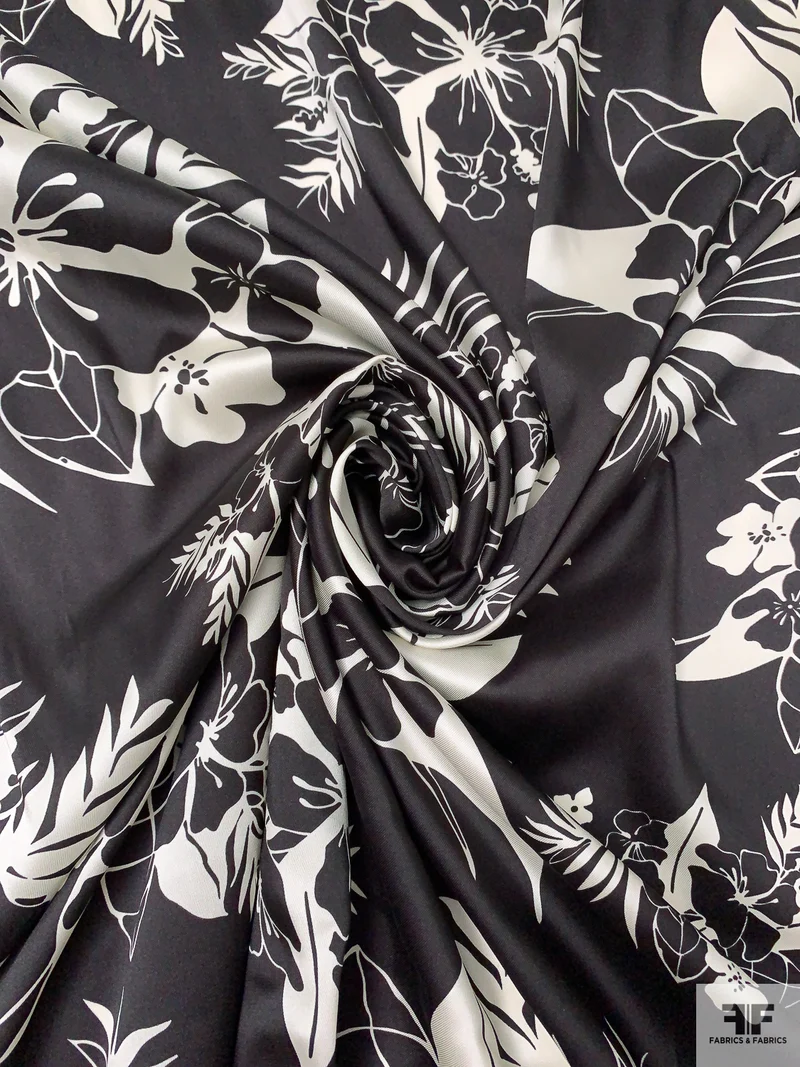 Italian Floral Bouquets Printed Polyester Twill-Charmeuse - Black / Off-White