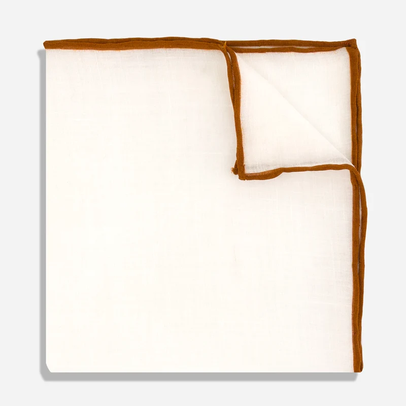 White Linen With Rolled Border Copper Pocket Square