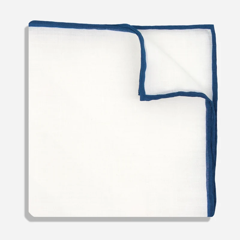 White Linen With Rolled Border Slate Blue Pocket Square