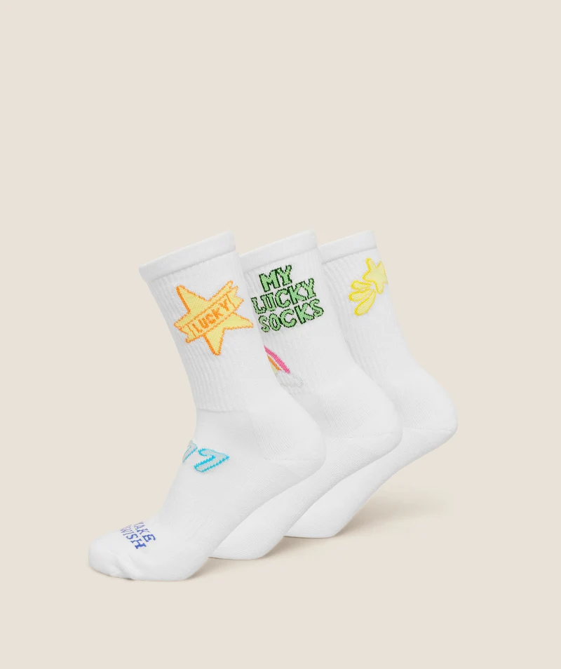 Gymshark Lucky Graphic Crew Socks 3pk - White