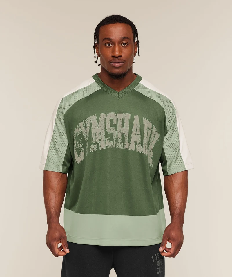 Gymshark Collective Mesh Wordmark Jersey - Core Olive/Haze Green/Soft White