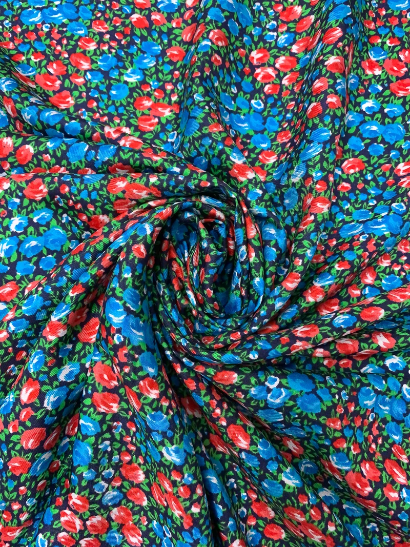 Made in Switzerland Abraham Ditsy Floral Printed Fine Silk Twill - Caribbean Blue / Strawberry / Lime Green / Navy