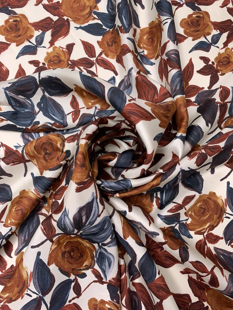 Italian Floral Printed Fine Silk Twill - Browns / Smokey Navy / Ivory