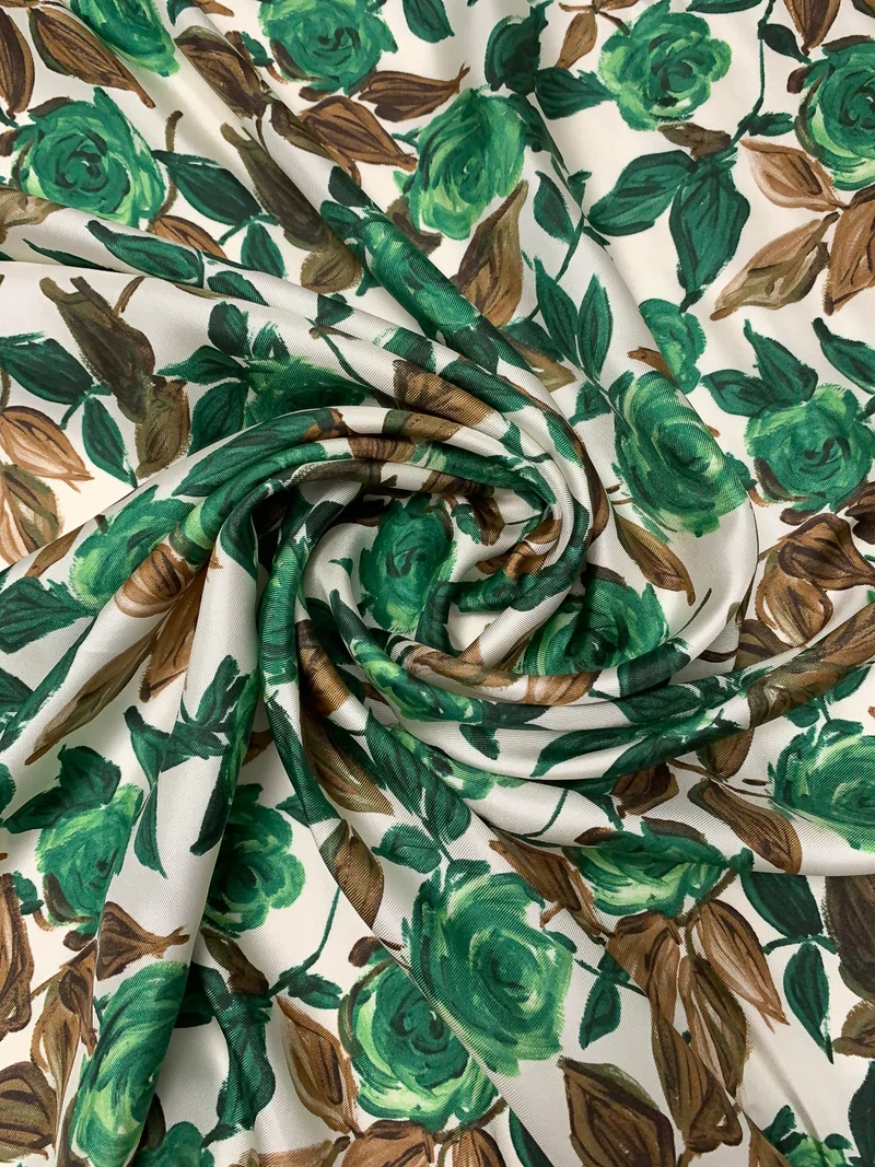 Italian Floral Printed Fine Silk Twill - Greens / Browns / Ivory