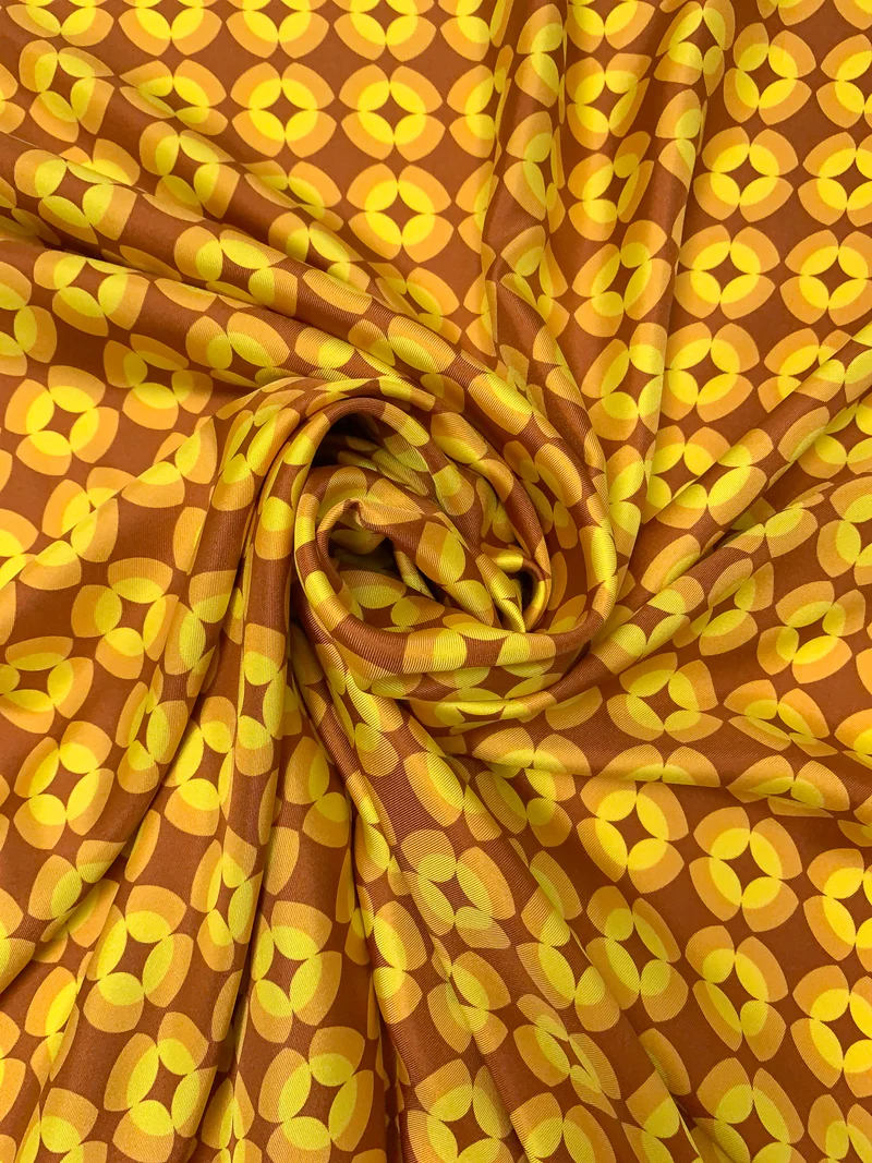 Italian Circle Lattice Printed Fine Silk Twill - Copper Brown / Yellow / Amber