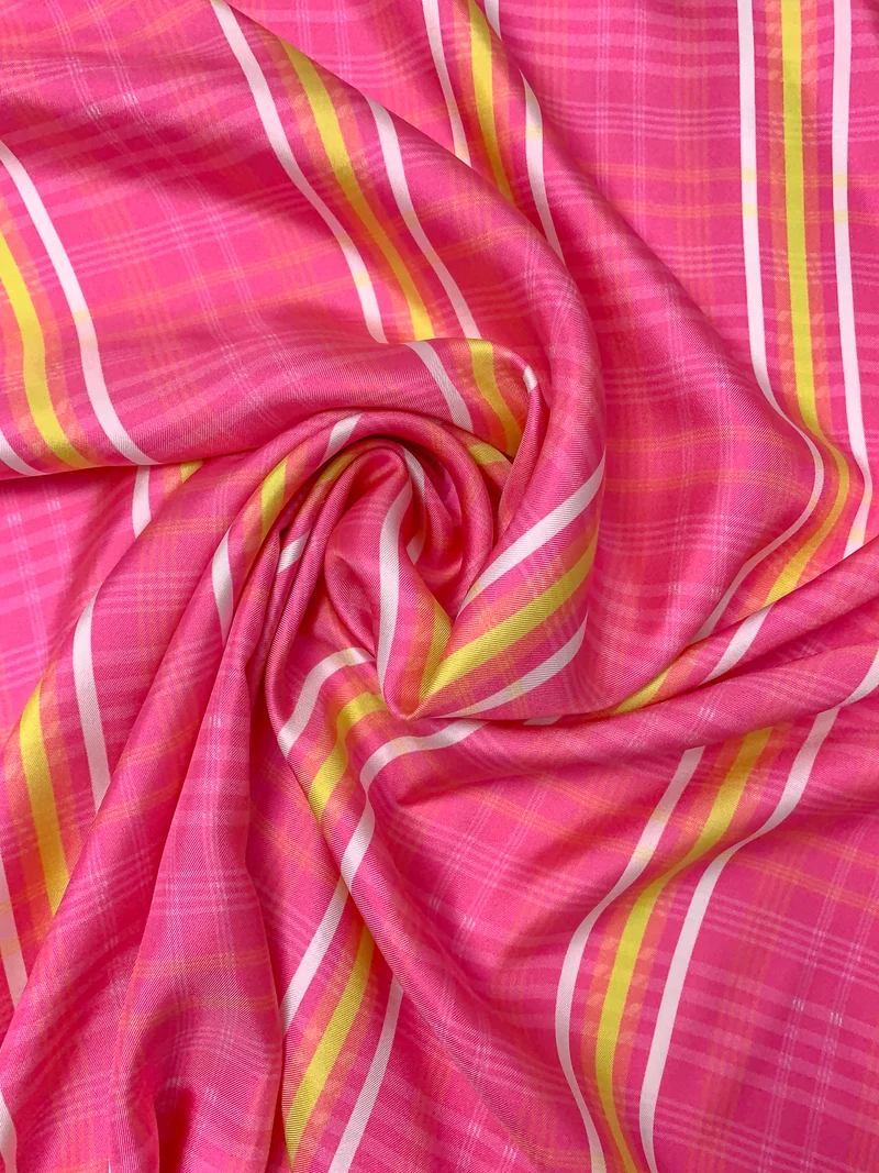 Striped and Plaid Printed Fine Silk Twill - Deep Pink / Lime Yellow / White / Coral