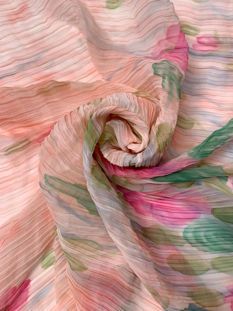 Italian Floral Border Pattern Printed Silk Plissé - Light Peach / Pink / Greens / Dusty Blue