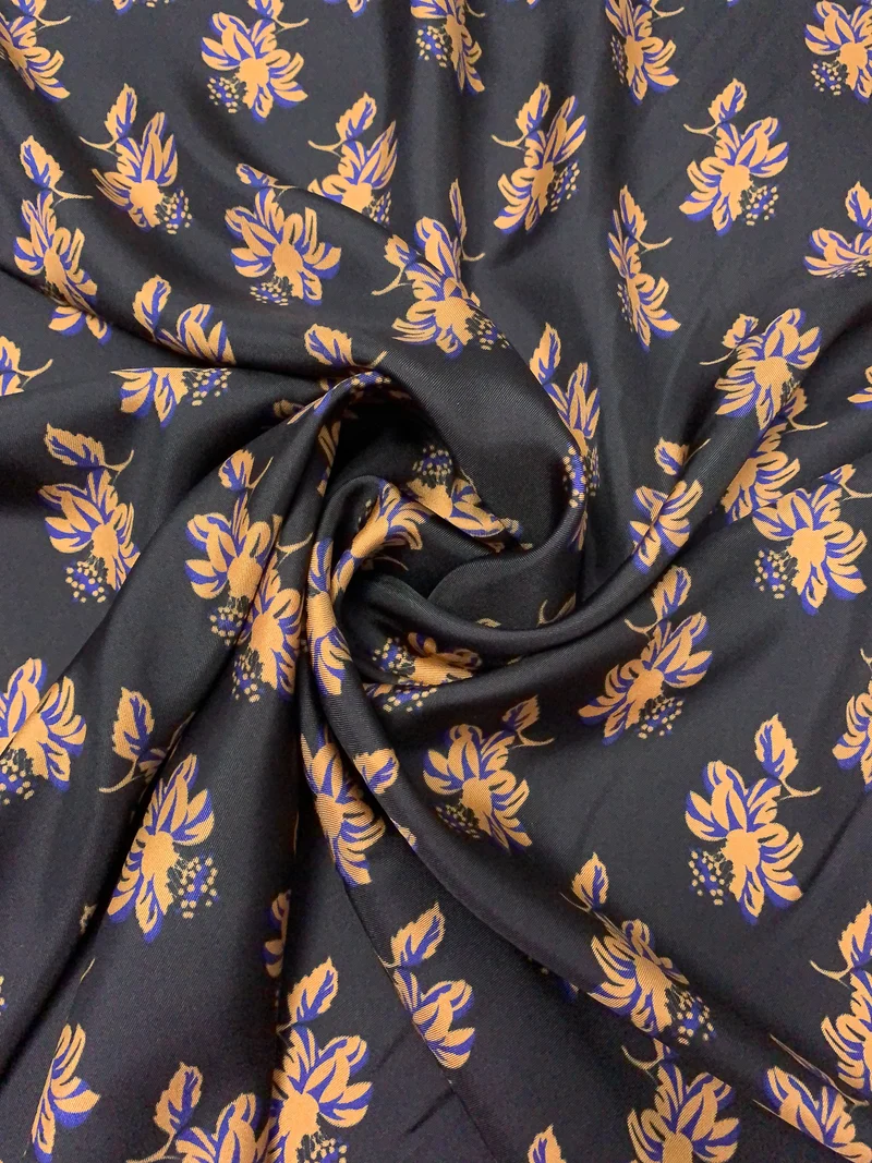 Floral Printed Fine Silk Twill - Golden Tan / Blue / Black
