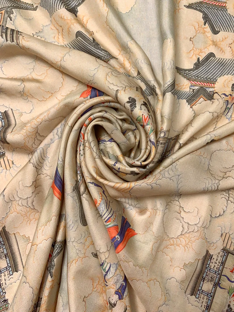 Toile de L'Orient Printed Fine Silk Twill - Beige / Earth / Orange / Purple / Green