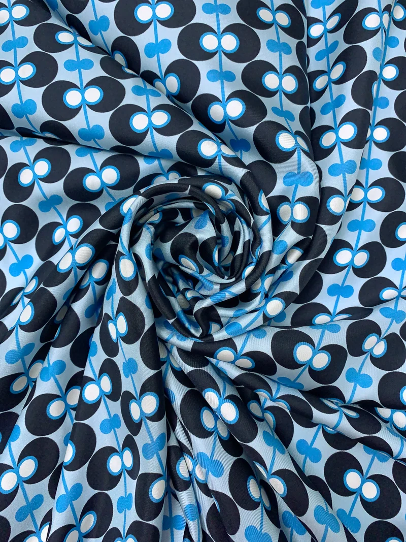 Circle Motif Lines Printed Fine Silk Twill - Navy / Blue / Sky Blue