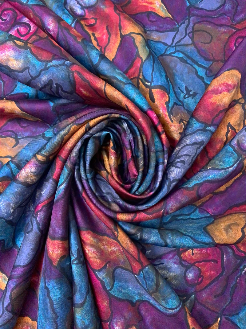 Italian Abstract Printed Fine Silk Twill - Purple / Magenta / Blues / Dusty Orange