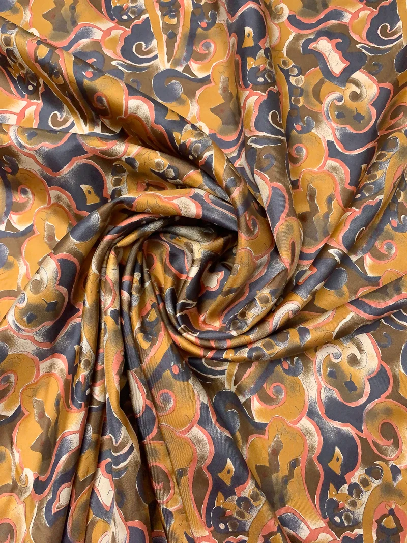 Italian Abstract Printed Fine Silk Twill - Dusty Ochre / Dark Grey / Coral Pink