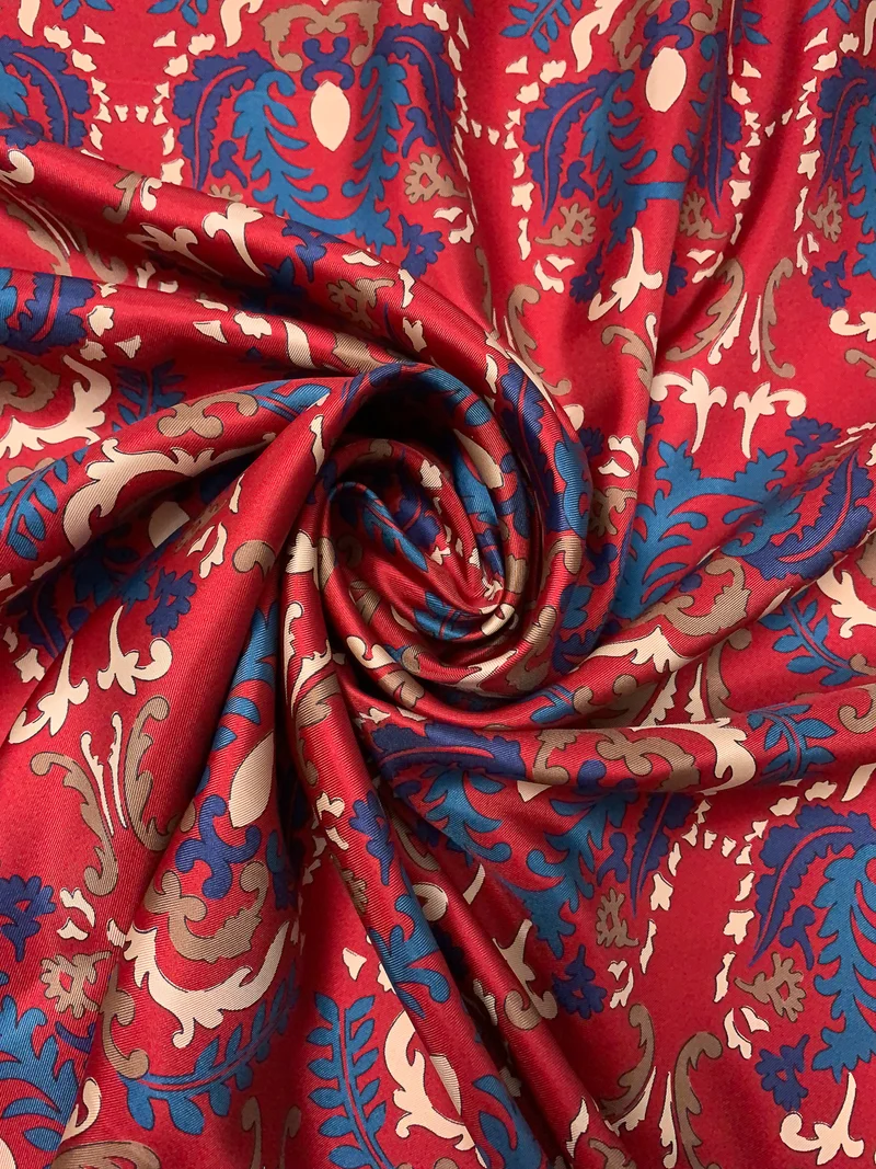 Italian Royal Fern Damask Printed Fine Silk Twill - Royal Red / Beige / Tan / Teal-Blue
