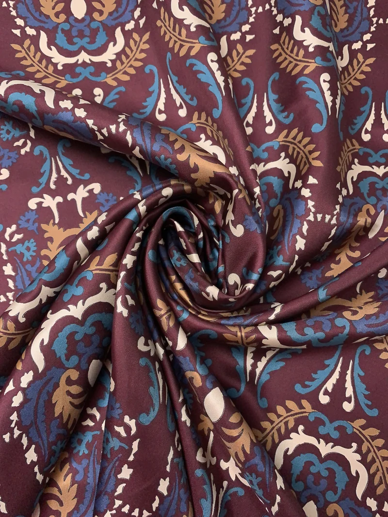 Italian Royal Fern Damask Printed Fine Silk Twill - Sangria Red / Teal / Golden Tan / Beige