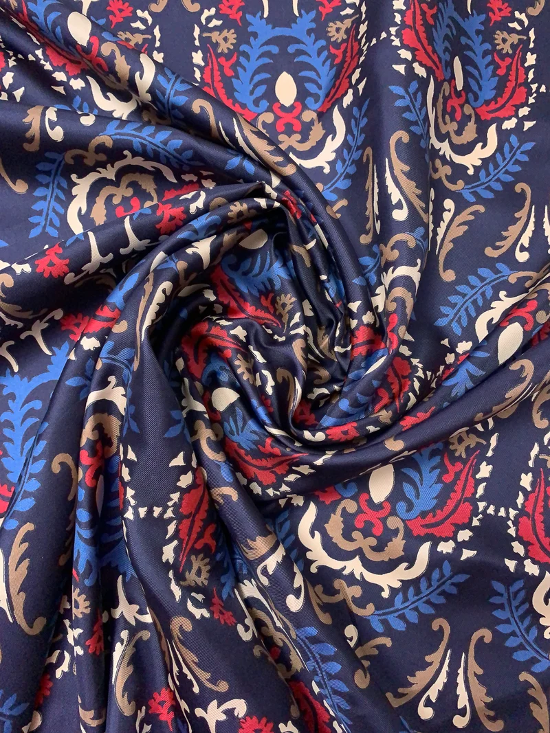 Italian Royal Fern Damask Printed Fine Silk Twill - Navy / Blue / Dark Red / Taupe