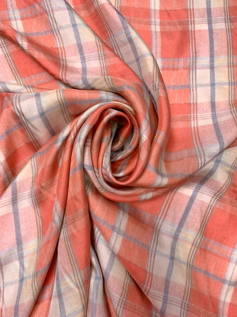 Italian Plaid Printed Fine Silk Twill - Burnt Coral / Beige / Grey
