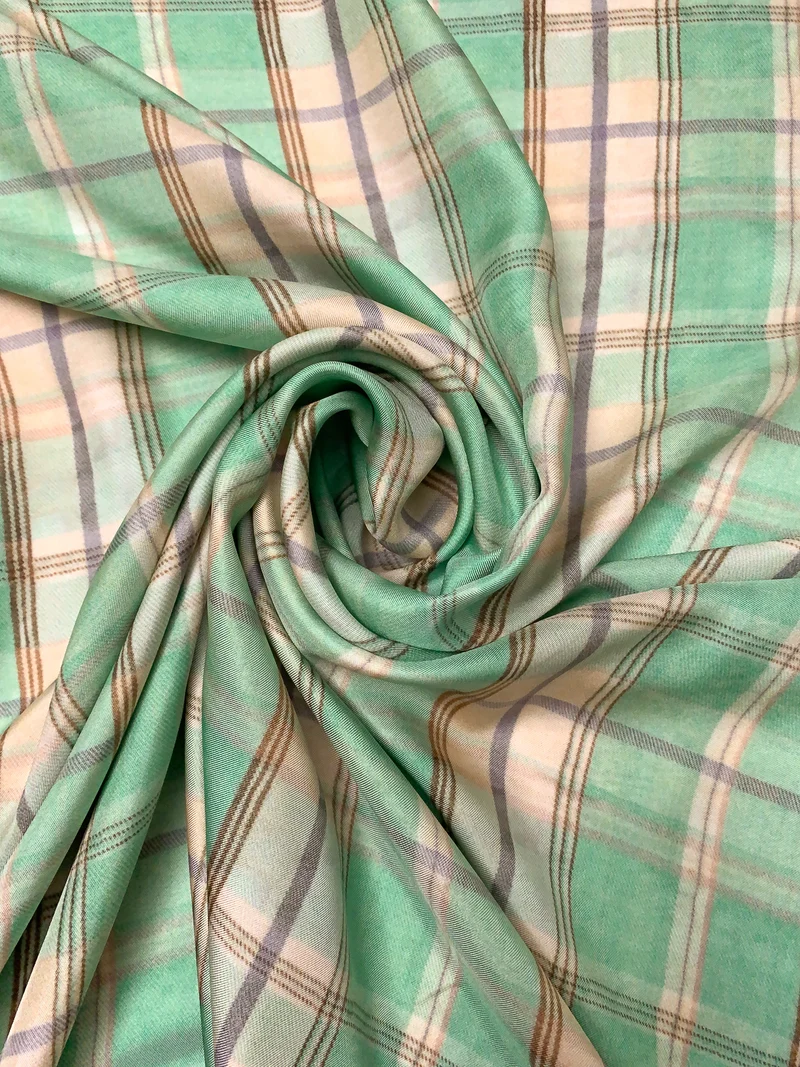 Italian Plaid Printed Fine Silk Twill - Seafoam Green / Grey / Beige