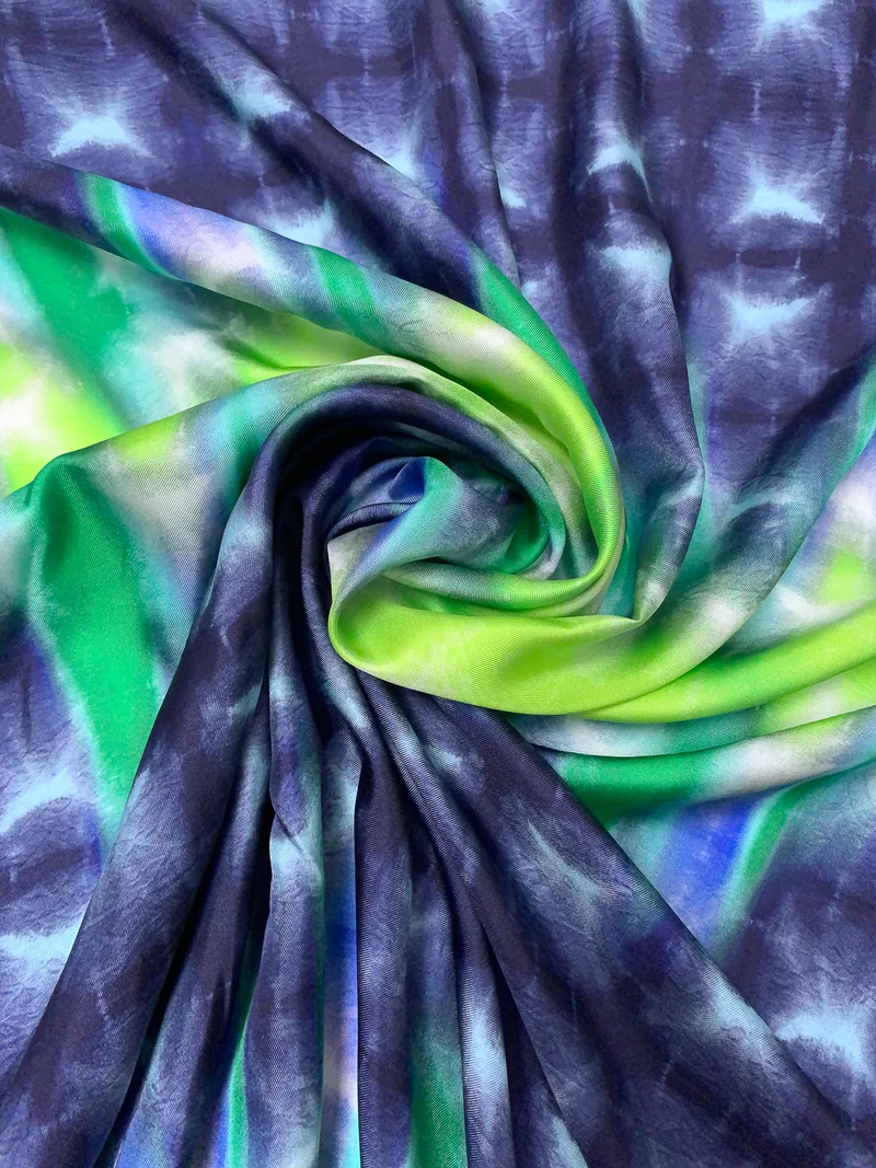 Tie-Dye Grid Printed Fine Silk Twill - Navy / Blue / Greens