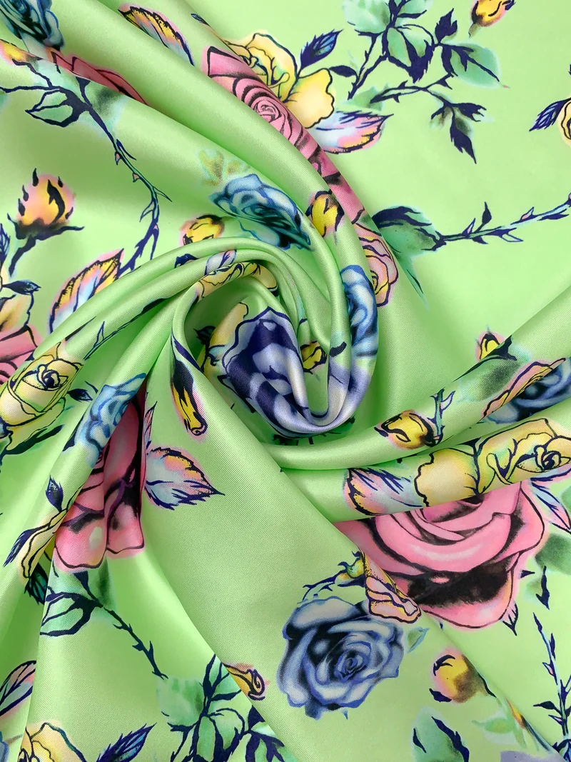 Floral Vines Printed Fine Silk Twill - Light Green / Pink / Periwinkle / Yellow