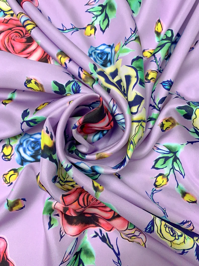 Floral Vines Printed Fine Silk Twill - Lavender / Pinks / Yellow / Blue / Green