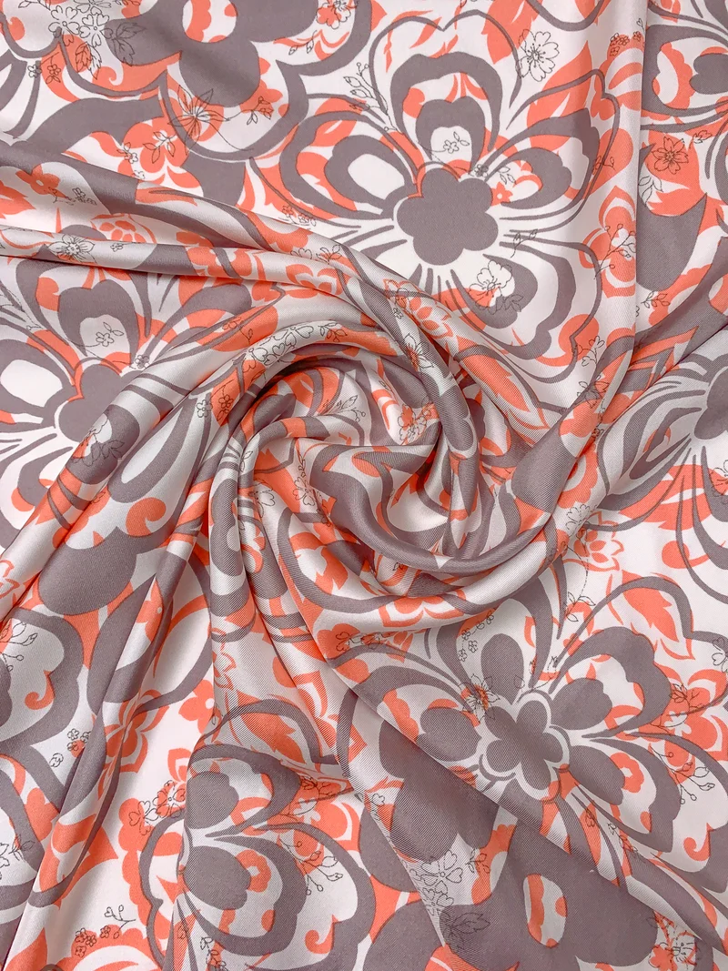 Floral Collage Printed Printed Fine Silk Twill - Coral / Patchwork Plum / Off-White