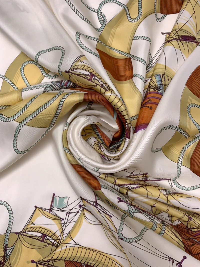 Ships and Life Rings Printed Fine Silk Twill - Antique Yellow / Olive / Caramel / Off-White