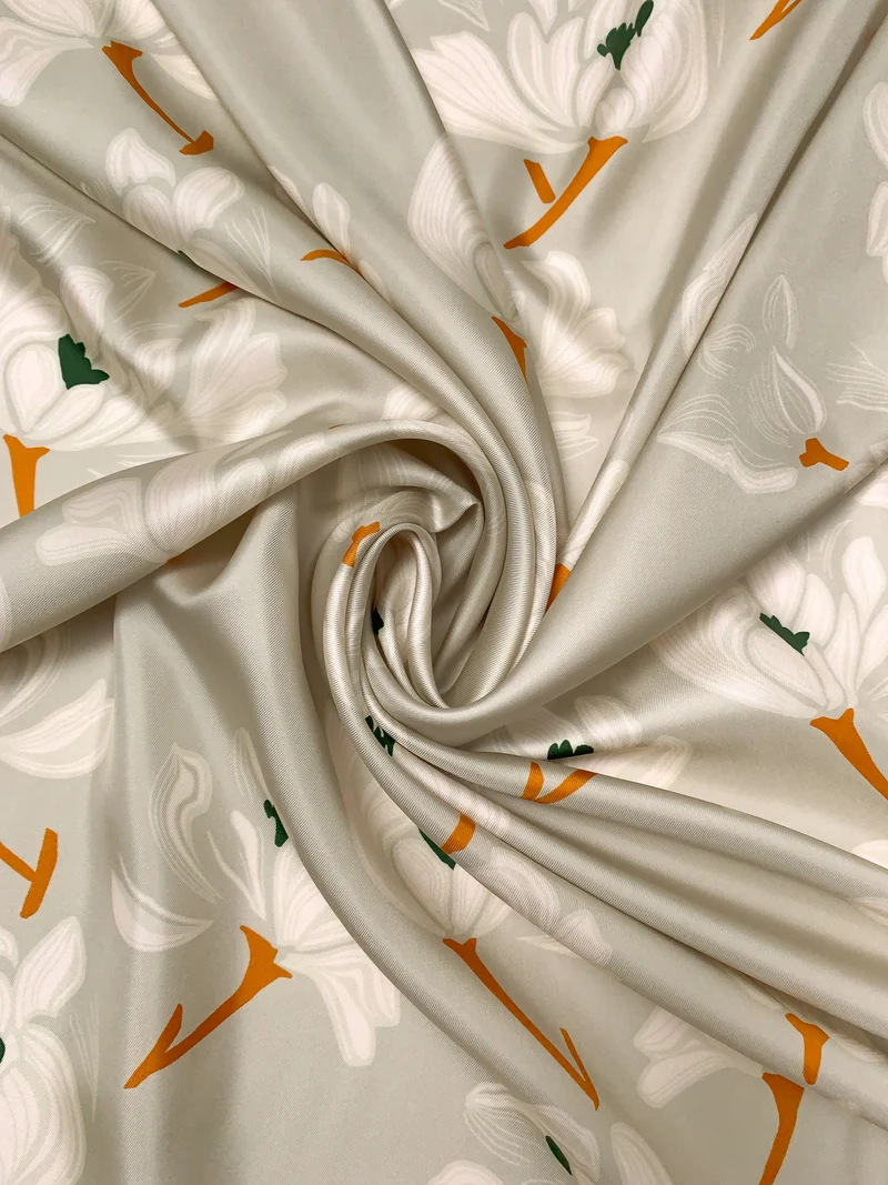Floral Vines Printed Fine Silk Twill - Grey / Off-White / Dark Turmeric / Dark Green