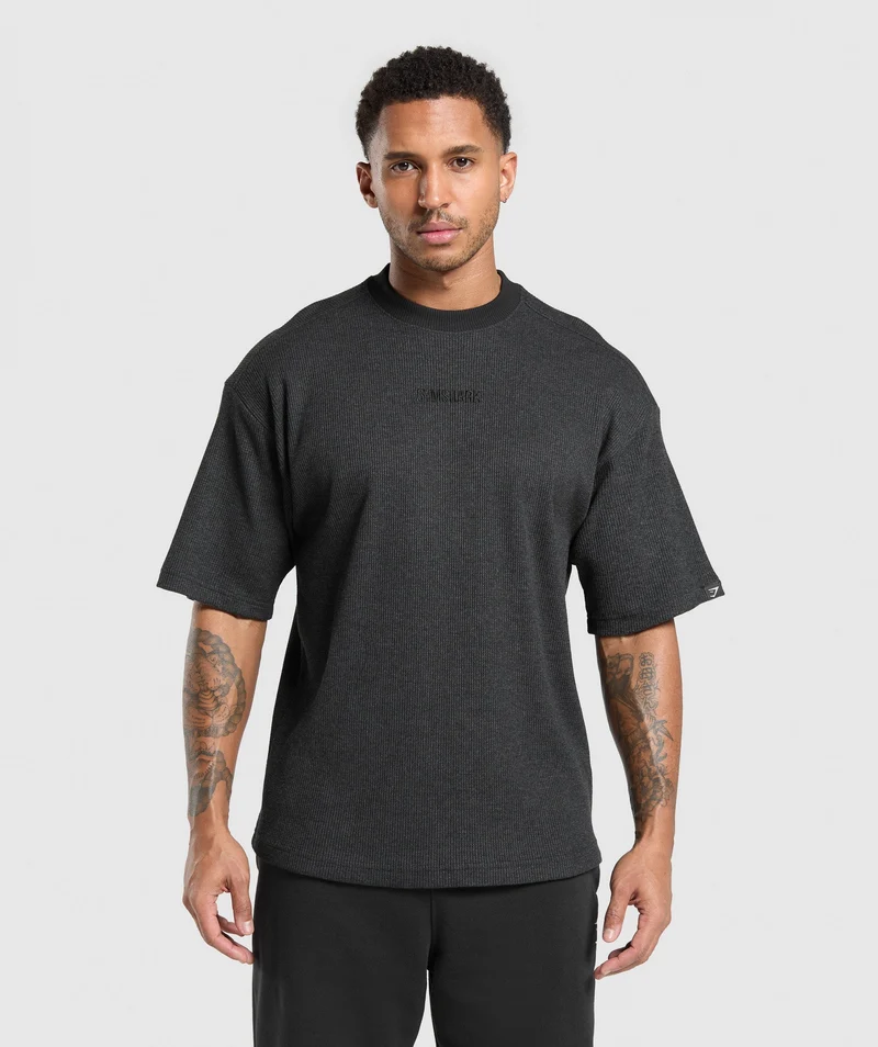Gymshark Waffle Oversized T-Shirt - Black/Cotton Part Dye
