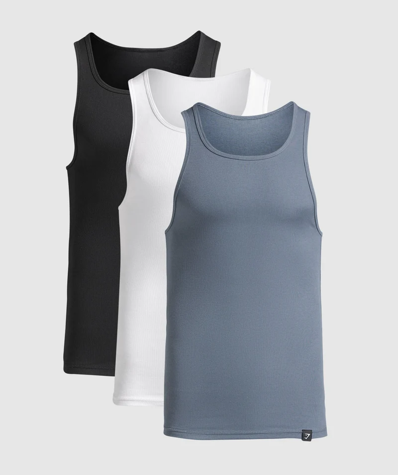 Gymshark Ribbed Tank 3 Pack - Black/White/Iron Blue
