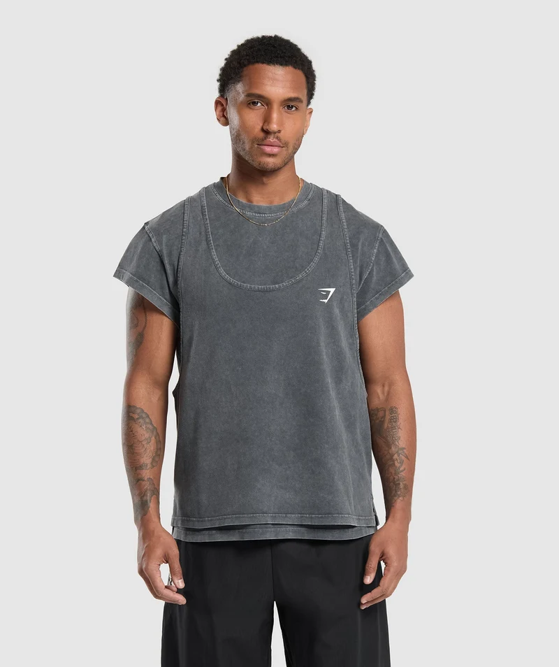 Gymshark Washed Double Layer T-Shirt - Black/Stone Acid Wash