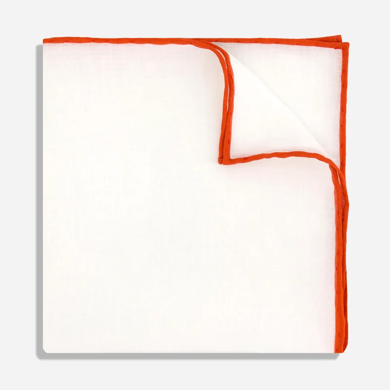 White Linen With Rolled Border Persimmon Red Pocket Square