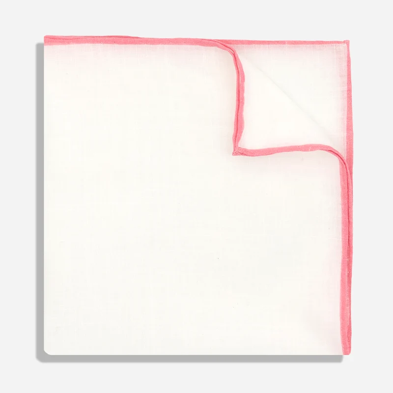 White Linen With Rolled Border Pink Pocket Square