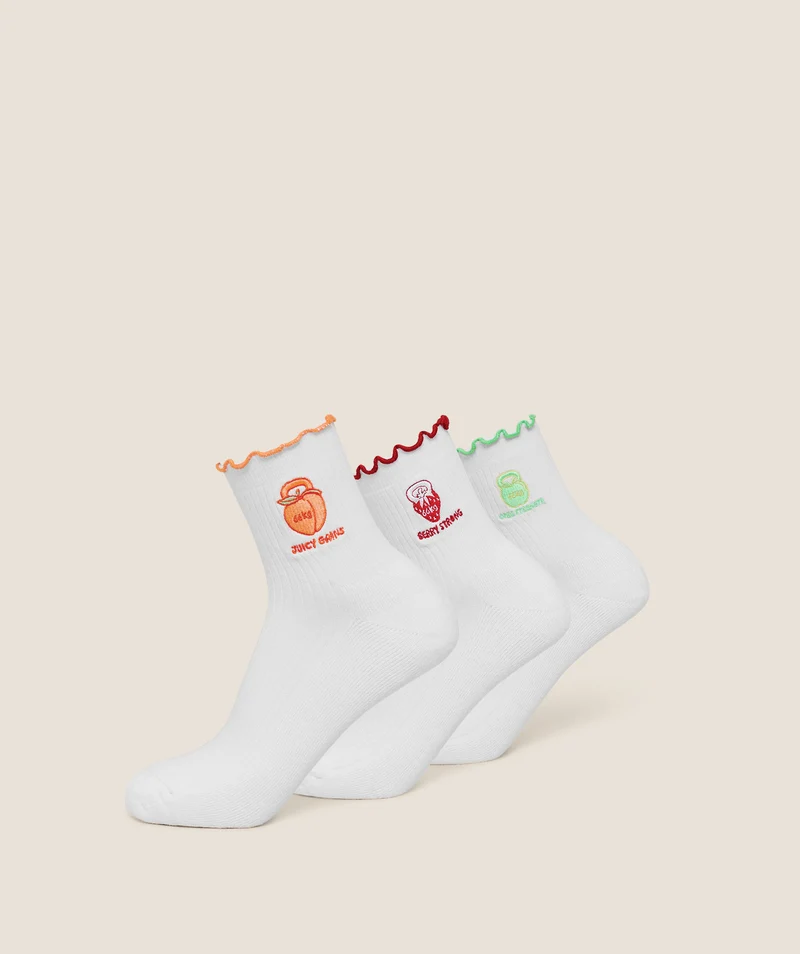 Gymshark Fruity Graphic Midi Frill Socks 3pk - White