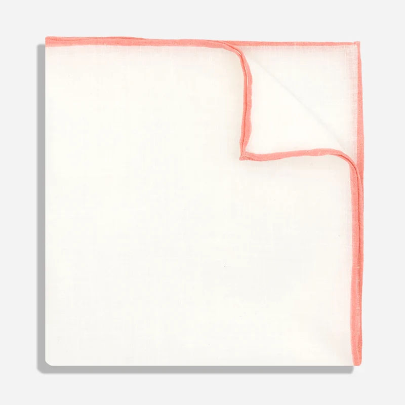 White Linen With Rolled Border Peach Pocket Square